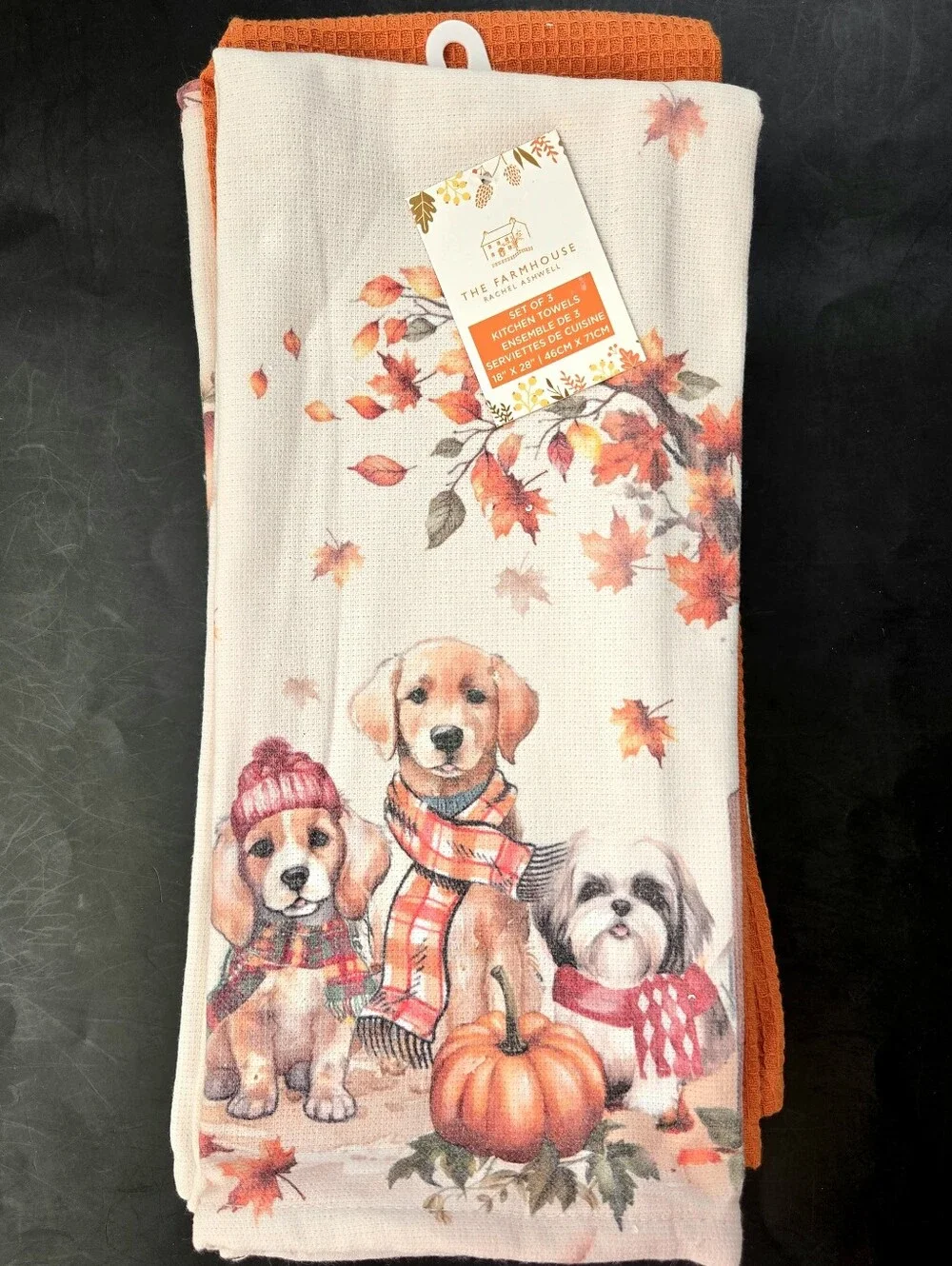 Shabby Chic Rachel Ashwell Farmhouse Set of 3 Kitchen Towels Puppy Dogs Autumn